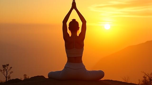 Woman stretching at sunrise, symbolizing energy