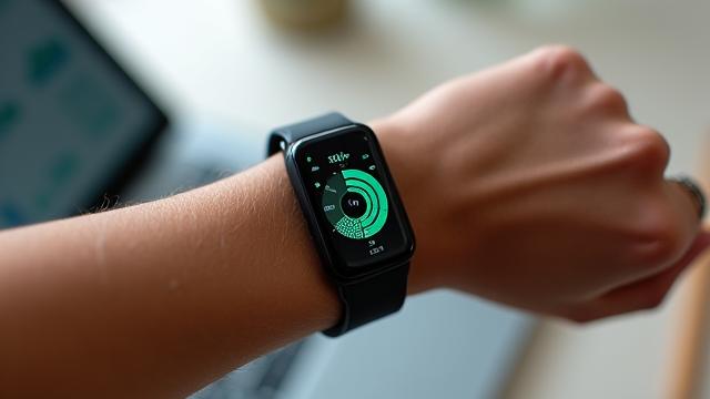 Close up of a fitness tracker on a wrist, showing data