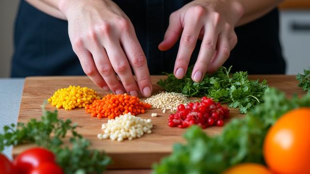 A colorful, healthy meal being prepared, with hands holding herbs