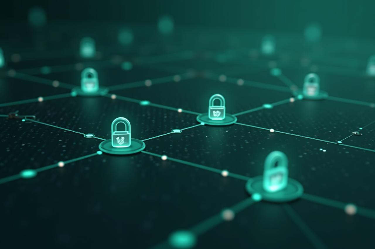 Illustration of secure data flow with padlock icons, representing HIPAA compliance and data privacy.