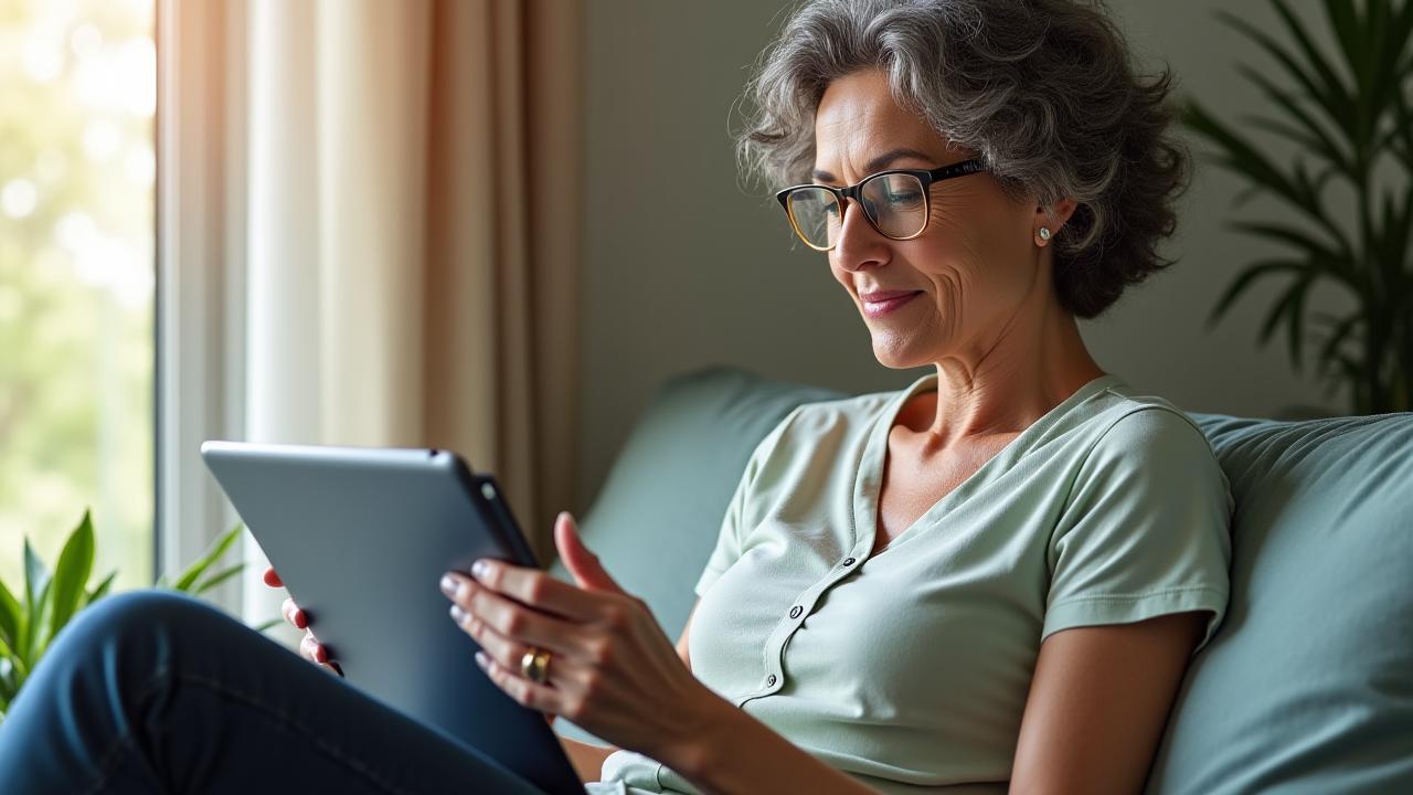 An empowered older adult looking at a tablet with health metrics displayed, symbolizing proactive chronic disease management.