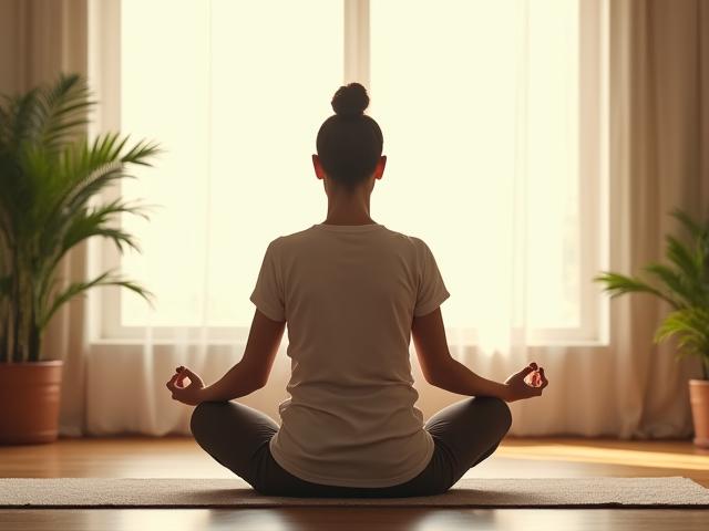 Woman meditating calmly by a window