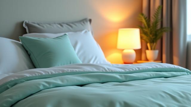 Serene bedroom scene with soft lighting, emphasizing good sleep hygiene