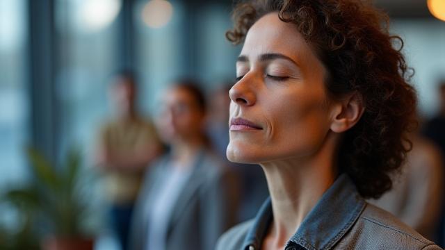 Person calmly meditating or practicing deep breathing amidst a busy environment