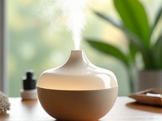Modern ultrasonic aromatherapy diffuser emitting a gentle mist against a soft, blurred green background.