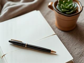 Open, elegant wellness journal with a pen, next to a cup of herbal tea and a small succulent.