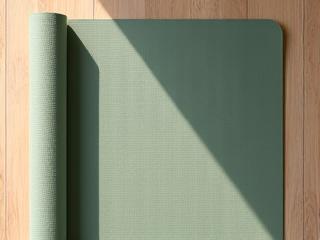 Premium textured yoga mat unrolled on hardwood floor with subtle dappled sunlight.