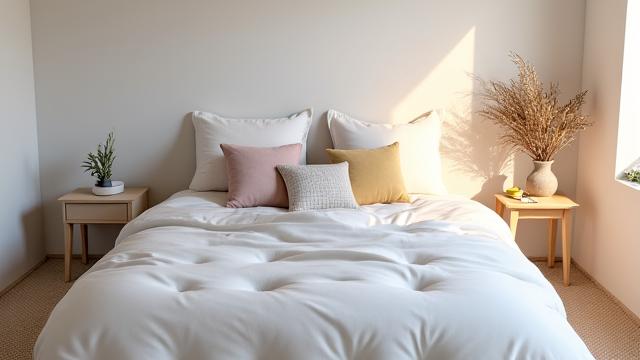 A perfectly made bed with soft linens and ambient lighting, hinting at a sleep sanctuary.