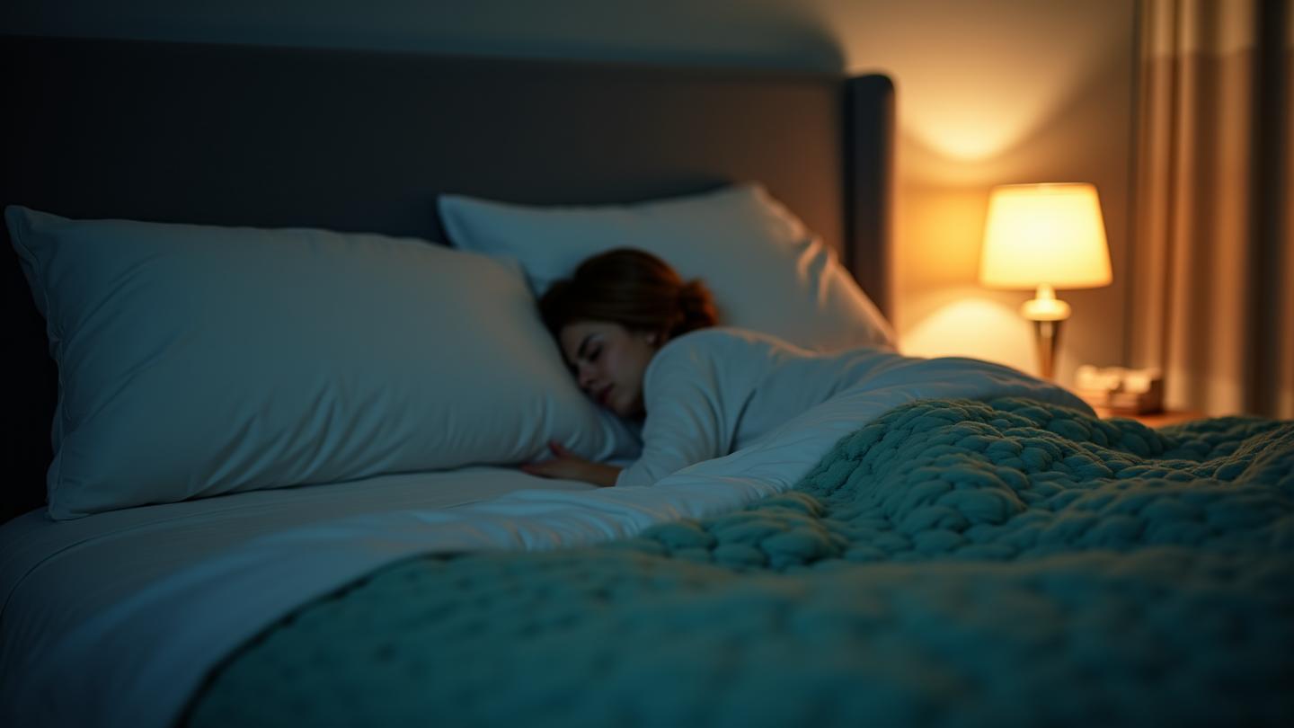Serene bedroom with soft lighting and a sleeping figure, illustrating peaceful sleep