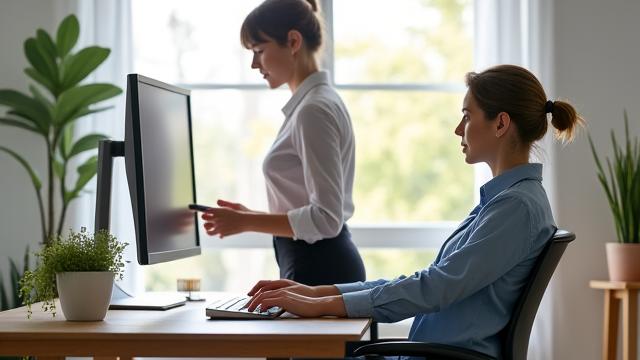Person demonstrating proper ergonomic posture at a home office desk