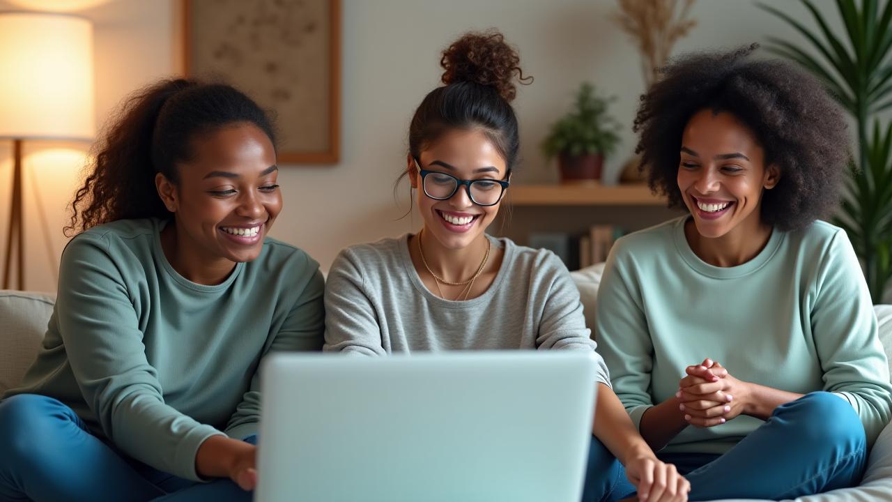 Diverse group of adults engaged in an online wellness session, smiling and interacting.